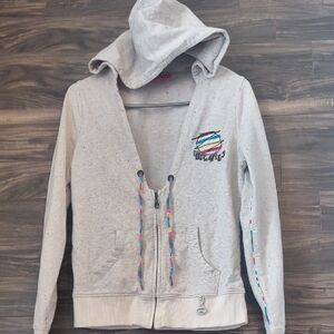 Dickies Vintage Y2K Speckled Gray Zip Hoodie | Rainbow Drawstrings | Large